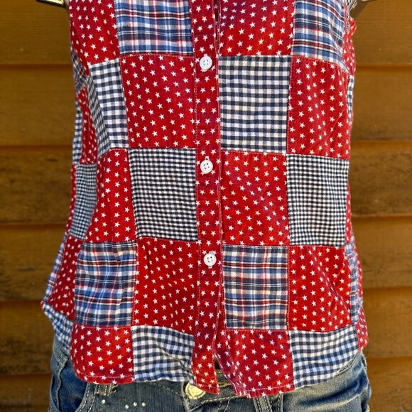 Vintage Cabin Creek Red White & Blue Patchwork Button Down Tank Top Women's Shir - Picture 5 of 8